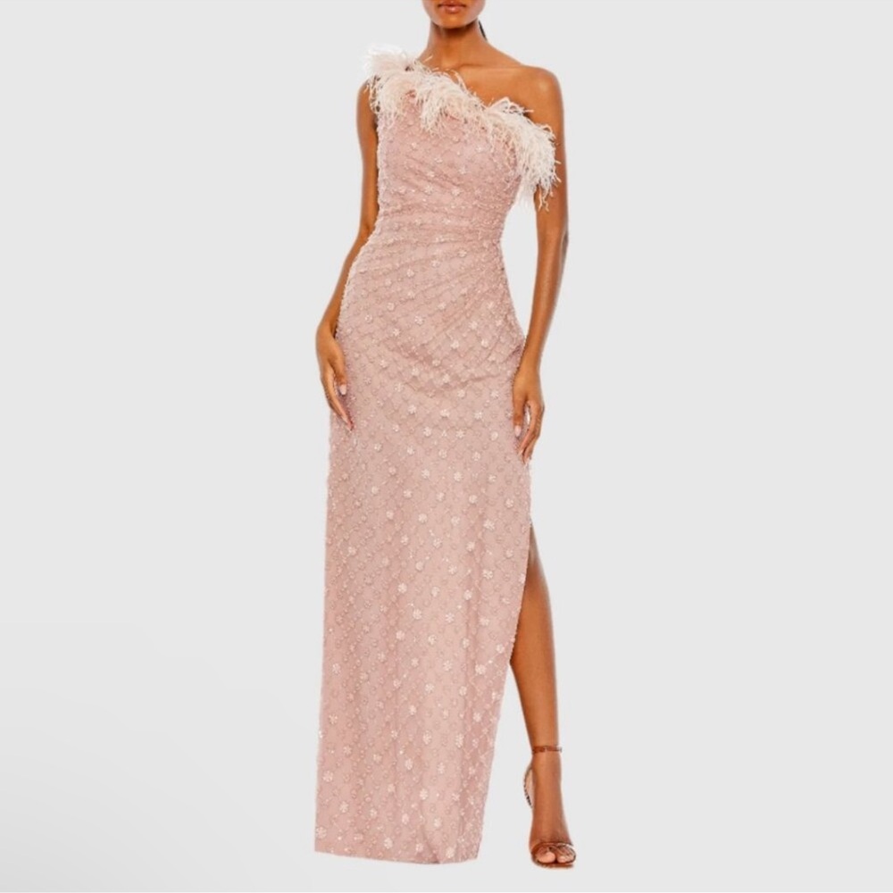 Mac Duggal Rose Embellished One Shoulder Gown With Ostrich Feathers & Flowers